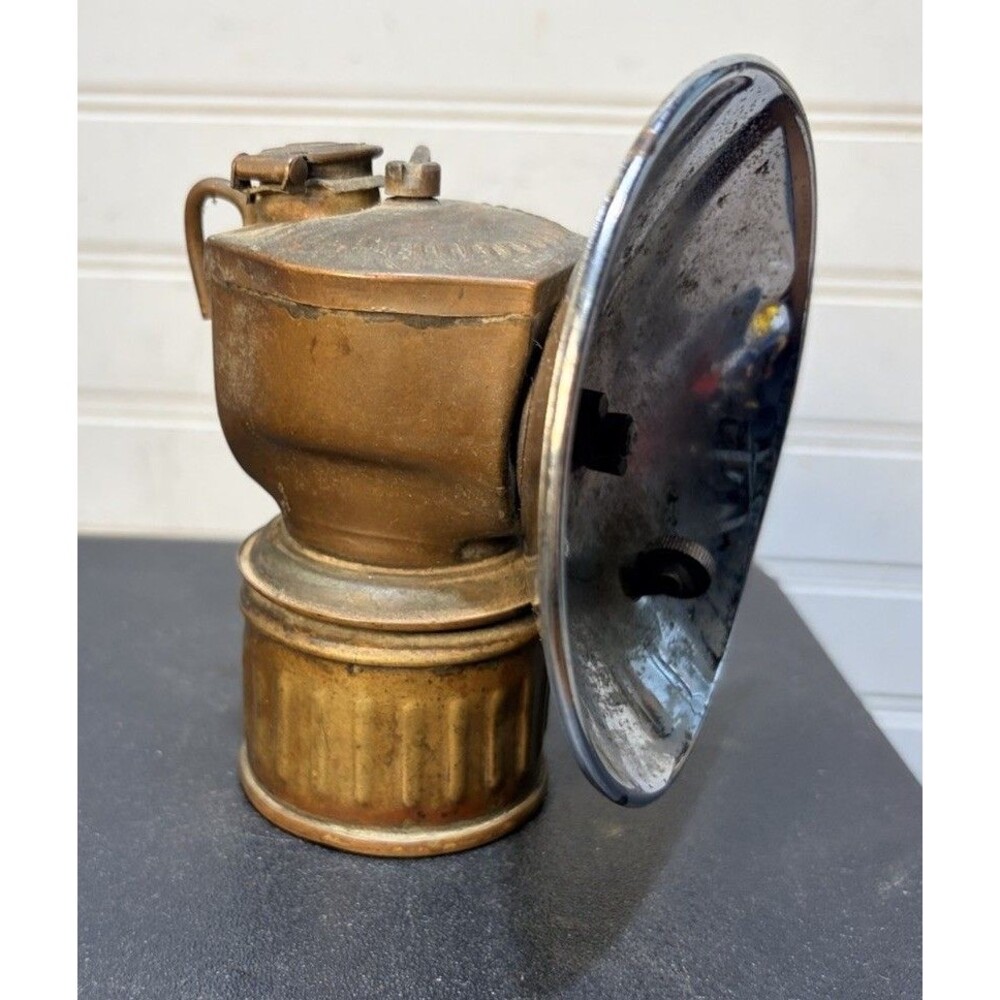 Vtg Justrite Miners Work Hat Helmet Carbide Lamp Lantern Light Brass USA